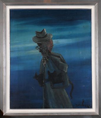 painting of a man in a hat and coat standing in front of a blue sky