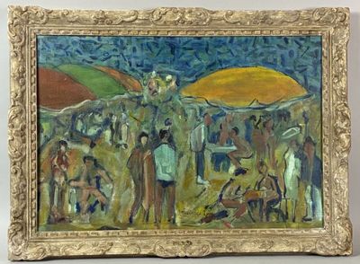 a painting of a group of people on the beach