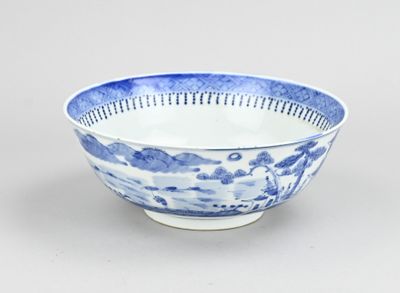 blue and white porcelain bowl with clouds in the sky