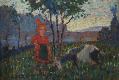 une peinture à l'huile représentant une femme et un chien dans un champ