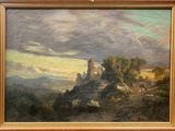 an oil painting of a castle on a hill with a sky background