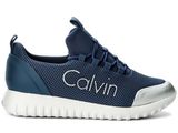 a close up of a blue and white sneakers with the word calvin written on the side