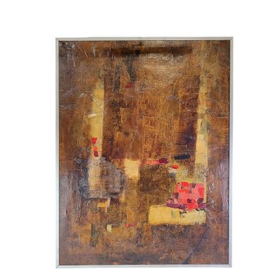 une peinture abstraite représentant un paysage urbain avec des bâtiments rouges et jaunes