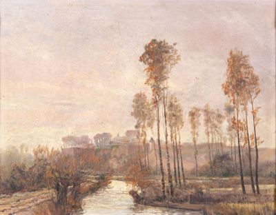 un tableau représentant une rivière avec des arbres au premier plan