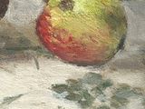 a painting of an apple and a glass of wine on a table