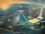 une photo d'un tableau représentant un avion survolant un pont