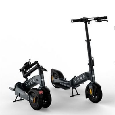 two electric scooters with wheels and a seat on a white surface