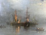 une peinture représentant un bateau dans l'eau avec d'autres bateaux dans l'eau
