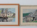 une peinture représentant une scène de vie à la ferme et une aquarelle représentant une maison