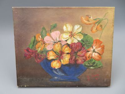 peinture représentant des fleurs dans un vase bleu sur fond marron