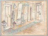 dessin représentant une pièce avec un miroir, une chaise et un tapis