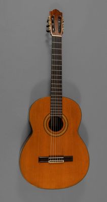 un gros plan d'une guitare acoustique sur fond gris