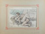 drawing of a nude woman laying on a bed with a man in the background