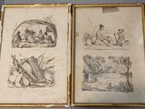 deux dessins encadrés représentant des personnes dans un bateau et un homme dans un canoë