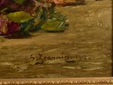 an oil painting of a vase of flowers on a table