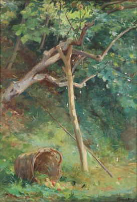 an oil painting of a basket in the grass near a tree