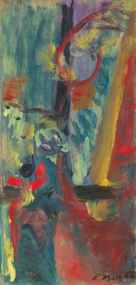 une peinture représentant une peinture abstraite d'un vase contenant des fleurs