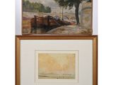 two framed paintings of boats on a river and a tree