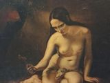 tableau représentant une femme nue assise par terre avec un oiseau