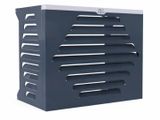 a close up of a black and white air conditioner on a white background
