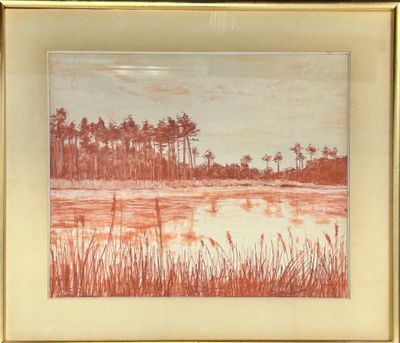painting of a lake with reeds and trees in the background