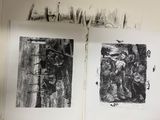 two black and white drawings of people in a book