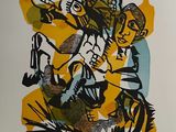 an image of a painting of a man and a woman on a horse