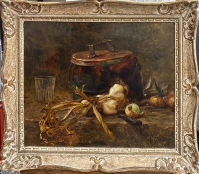 tableau représentant une nature morte avec des oignons, des pommes et une casserole