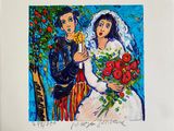 un tableau représentant un homme et une femme tenant des fleurs