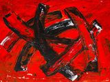 abstract painting of red and black brush strokes on a red background