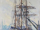 tableau représentant un bateau sur un plan d'eau près d'un quai