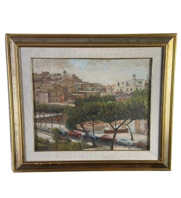 une peinture à l'huile représentant une vue d'une ville depuis une colline