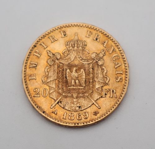Pièce de monnaie en or à valeur faciale de vingt francs 1869. Fra...