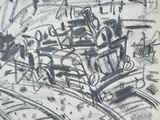 drawing of a train traveling down a track with people on it
