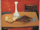 a painting of a table with a vase, bread, and a fish on it