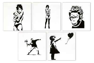 four black and white images of a girl with a balloon and a girl with a balloon