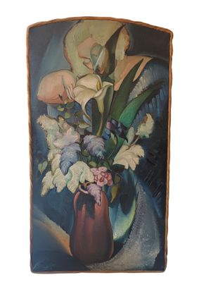 une peinture de fleurs dans un vase sur une table