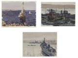 quatre aquarelles représentant des bateaux dans un port, avec un phare en arrière-plan