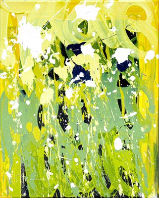 peinture abstraite représentant des fleurs jaunes et vertes dans un cadre carré