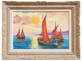 painting of three sailboats in the ocean with a sunset in the background