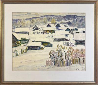 painting of a snow covered village with a fence and trees in the foreground