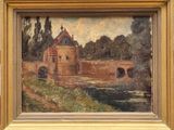 an oil painting of a bridge over a river with a castle in the background