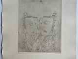 a drawing of two people on a piece of paper with a blue background