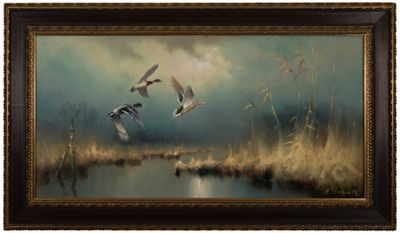 tableau représentant une volée de canards survolant un étang dans un paysage