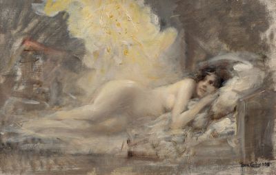 tableau représentant une femme allongée sur un lit dans une chambre