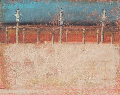un tableau représentant trois personnes debout sur un pont