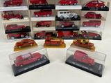 a lot of red and white model cars in display cases