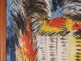 a picture of a painting of a basket with fire coming out of it