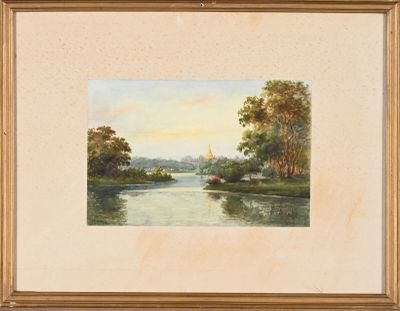 an image of a painting of a river with a church in the distance