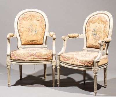 pair of louis xvi style armchairs with tapestry upholstered seats